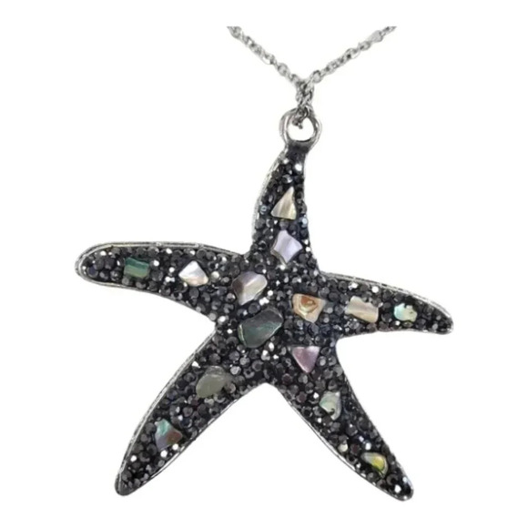 Natural Shell Chipped Rhinestone Starfish Pendant Necklace with 18in Chain - Picture 1 of 6